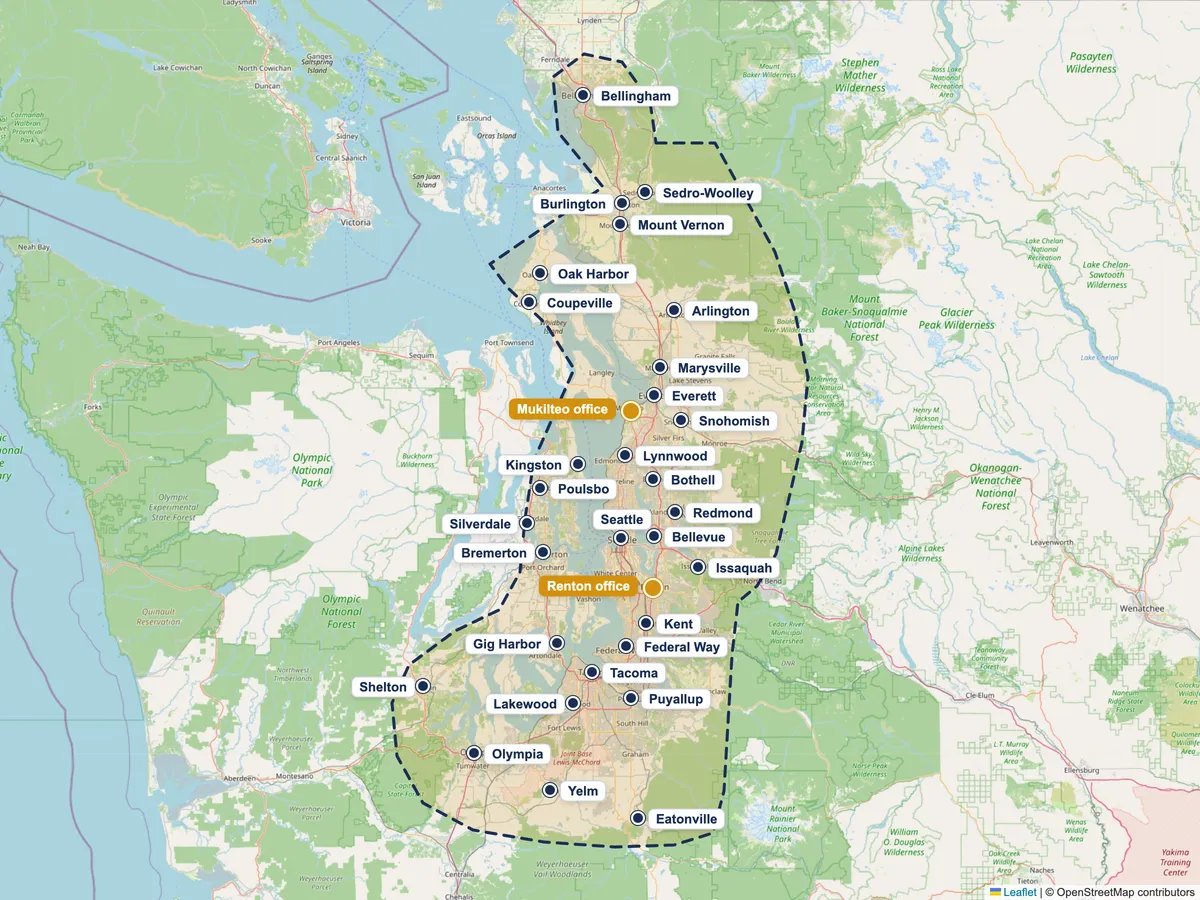 Map of Dawn Construction's service area across Greater Seattle and the Puget Sound